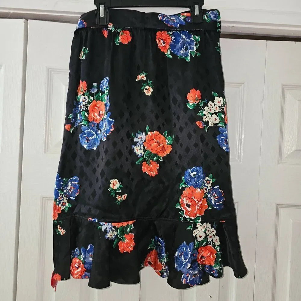 Tory Burch Floral SILK WRAP RUFFLE SKIRT WITH BELT in Black - Size 4